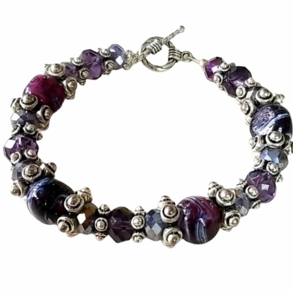 Art Glass Bead Silver Tone Handmade Bracelet